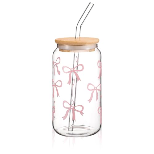 Cosmeria Bow Glasbecher 16 Oz Mit Deckel Und Strohhalm, Elegantes Geschenk Für Beste Freundin, Dekoratives Bow Design, Vielseitiges Trinkglas