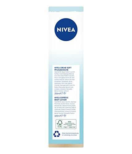 NIVEA Be Happy Geschenkset für Frauen, verwöhnendes Beauty Set mit feuchtigkeitsspendenden Pflegeprodukten, Pflegeset mit Duschgel, Body Lotion und mehr, Kosmetik Set als Geschenk für Freundinnen