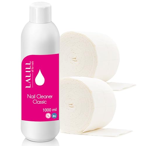 Lalill Nagel Cleaner 1000ml Set - Nagel Entfetter mit Wattepads - 1000 x Zelletten Pads aus Baumwolle, Nagelentfetter für Gelnägel, Hybride und Pinsel