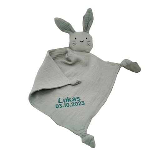 Zwucki Schnuffeltuch Bio Baby Schmusetuch Kuscheltuch Musselin Hase personalisiert Name Geburtsdatum Geschenk (Alt-Grün)