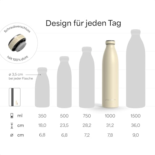 LARS NYSØM Edelstahl Trinkflasche 350ml, 500ml, 750ml, 1L, 1 5 liter | Thermosflasche Kohlensäure geeignet | Auslaufsichere Wasserflasche für Sport, Outdoor, Schule (Mirror Silver, 1000ml)