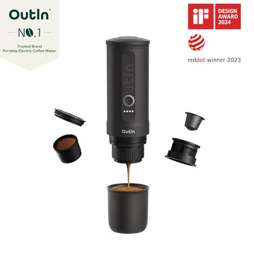 OutIn Nano Tragbare Espressomaschine mit Akku, für unterwegs oder Camping, Kaffeemaschine to go, mit elektrischer Selbsterhitzung über USB - C, 2 in 1 für gemahlenen kaffee und NS - kapseln