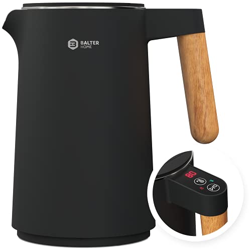 BALTER Edelstahl Wasserkocher mit Temperatureinstellung, 45°C-100°C, Doppelwand, BPA frei, leise & kabellos, Warmhaltefunktion, Teekocher mit Temperaturanzeige, 1.5L, 2200W, Schwarz