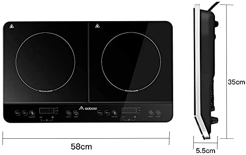 Aobosi Double Induction hob,Induction Cooker with Portable Black Glass Plate, Independent Control,One-click Max and Min Power Control 2800W,20 Temperature Setting[Upgrade],Safety Lock,4-Hour Timer