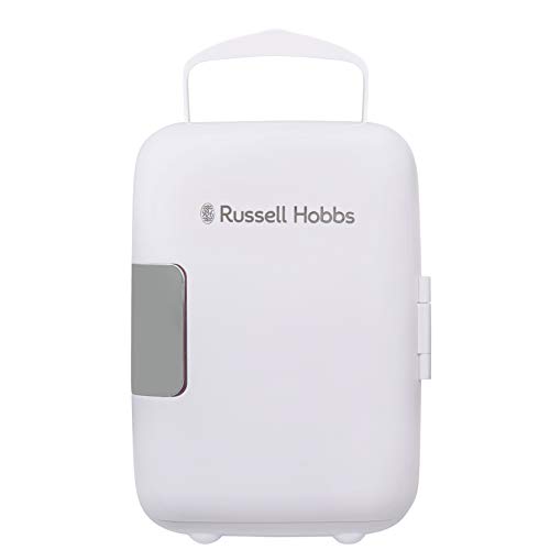 Russell Hobbs RH4CLR1001 4L/6 Can Portable Mini Cooler & Warmer for Drinks, Cosmetics/Makeup/Skincare, AC/DC Power, Retro Style, White, For Bedroom, Home, Caravan, Car