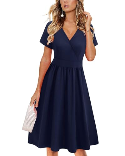 VOTEPRETTY Sommerkleid Damen Knielang Kleid Kurzarm V Ausschnitt Wickelkleid Blumen Midikleid mit Taschen(Marine,L)