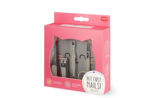 Legami Maniküre-Set – But First, Nails, Nagelschere, Nagelknipser, Feile, Nagelhautschieber für Maniküre und Pediküre, Taschenformat, tragbar, ideal für Reisen, Heimgebrauch, Kitty