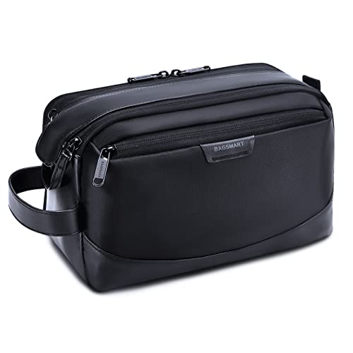 BAGSMART Kulturbeutel für Herren, Reise Kulturtasche Organizer aus Leder, Dopp Kit Wasserfester Rasierbeutel für Kulturzubehör, Schwarz