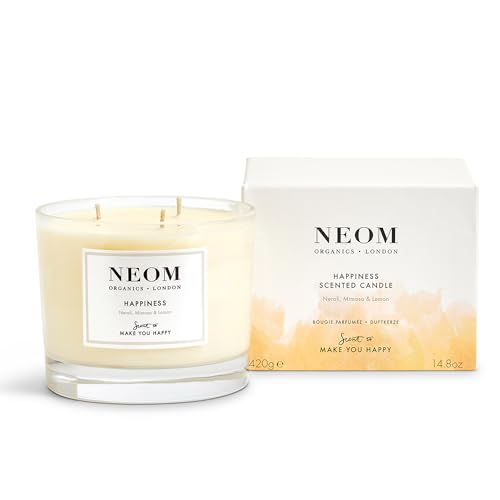 NEOM- Happiness Scented Candle, 3 Wick | Essential Oil Aromatherapy Candle | Neroli, Mimosa & Lemon | Scent to Make You Happy,White,420 g (Pack of 1),1101165