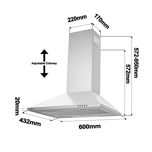 CIARRA Cooker Hoods 60cm CBCS6201 Stainless Steel Chimney vent Hood 600mm with Carbon Filters Recirculating Ducting Wall Mounted Kitchen Ventilation Extractor Fan