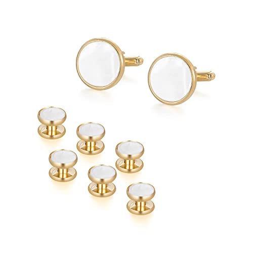 UJOY Cufflinks & Studs Set 1Pair Cufflinks & 3Pair Tuxedo Studs Mens Jewelry Kit with G-ift Box - White Shell & Golden Best Man G-ifts for Wedding Box for Cufflinks, Valentine G-ifts for Him