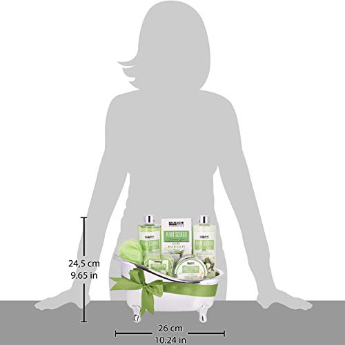 BRUBAKER Cosmetics Bade- und Dusch Set Aloe Vera - 7-teiliges Geschenkset in dekorativer Wanne - Damen Beauty Set mit Badewanne Silber