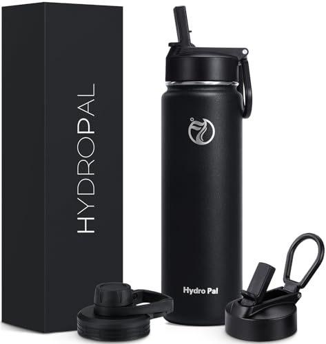 HydroPal Edelstahl Trinkflasche - 750ml, 1L, 1,2L, BPA-Frei, Kohlensäure geeignet, Isolierte flasche mit Strohhalm & 2 Deckel, Auslaufsichere Isolierflasche für Sport (Schwarz, 750 ml)