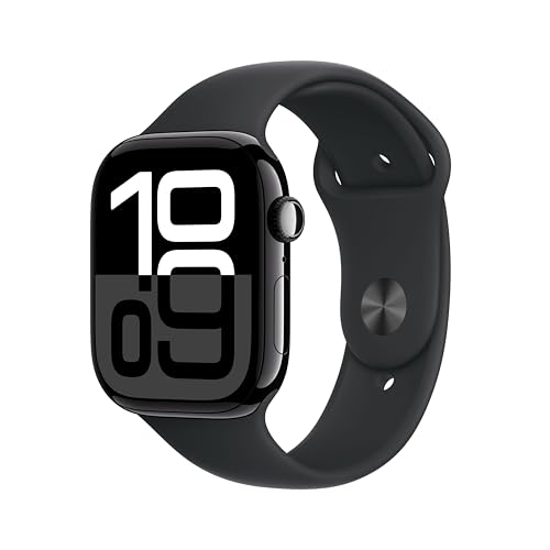 Apple Watch Series 10 (GPS + Cellular 46 mm) Smartwatch mit Aluminiumgehäuse in Diamantschwarz und Sportarmband in Schwarz (S/M). Fitnesstracker, EKG App, Always-On Retina Display, Wasserschutz