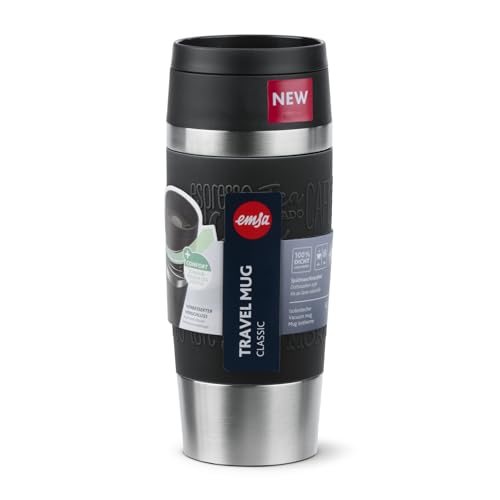 Emsa Travel Mug Classic Isolierbecher 360 ml, Kaffeebecher to Go, neuer Komfort-Schraubverschluss, Edelstahl, 4h heiß und 8h kalt, 100% dicht, spülmaschinenfest, 360°-Trinköffnung, schwarz, N20202