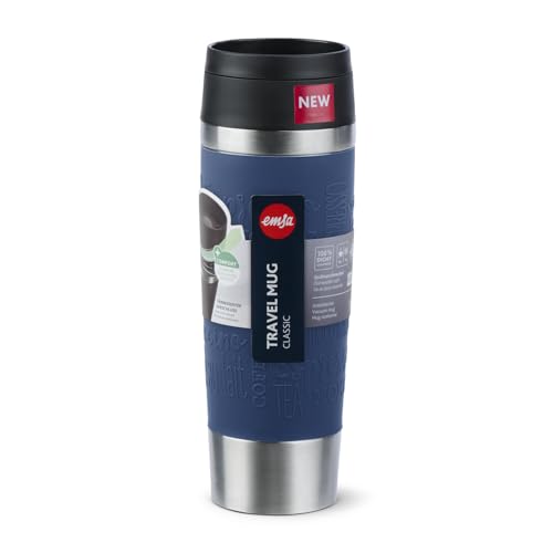 Emsa N20221 Travel Mug Classic Isolierbecher 0,5 Liter, neuer Komfort-Schraubverschluss, Edelstahl, 6h heiß und 12h kalt, 100% dicht, spülmaschinenfest, 360°-Trinköffnung, Dunkelblau