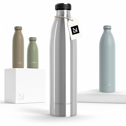 LARS NYSØM Edelstahl Trinkflasche 350ml, 500ml, 750ml, 1L, 1 5 liter | Thermosflasche Kohlensäure geeignet | Auslaufsichere Wasserflasche für Sport, Outdoor, Schule (Mirror Silver, 1000ml)