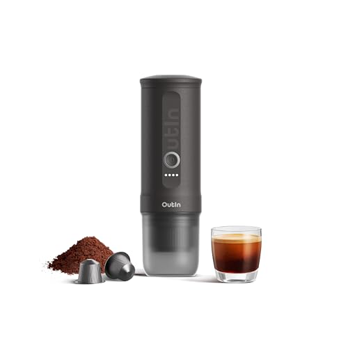 OutIn Nano Tragbare Espressomaschine mit Akku, für unterwegs oder Camping, Kaffeemaschine to go, mit elektrischer Selbsterhitzung über USB - C, 2 in 1 für gemahlenen kaffee und NS - kapseln