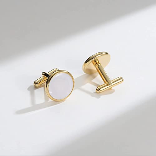 UJOY Cufflinks & Studs Set 1Pair Cufflinks & 3Pair Tuxedo Studs Mens Jewelry Kit with G-ift Box - White Shell & Golden Best Man G-ifts for Wedding Box for Cufflinks, Valentine G-ifts for Him
