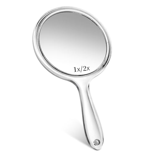 Handspiegel mit Griff, Doppelseitiger Handspiegel 1X/2X Vergrößerung Spiegel, Kosmetikspiegel Schminkspiegel, Tragbarer Reisespiegel für Make-up, Mehrzweck Spiegel Runde Form für Damen Tägliche