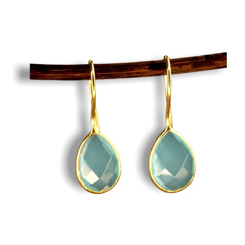 MadamLili - Ohrringe Aquamarin Tröpfchen - 925 Sterling Gold Vergoldet - Handgefertigt - Blau Hängende Edelstein Ohrhänger für Damen - Exklusive Schmuckbox