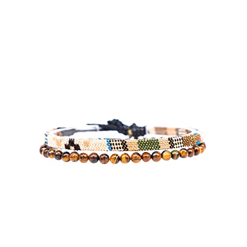 Made by Nami 2er Set Surfer-Armband Herren & Damen • 100% Wasserfest & Handmade • Perlen-Armband Boho Stoff-Armband • Sommer Strand-Schmuck • Freundschaftsarmbänder (Safari & Tigerauge)