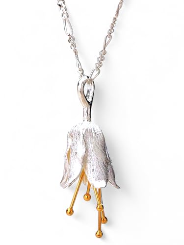 MadamLili - Glockenblume Bicolor 3D Silber Anhänger - 925 Sterling Echtsilber Vergoldet - Handgefertigt - Matt - Staubblätter Naturschmuck - Exklusive Schmuckbox