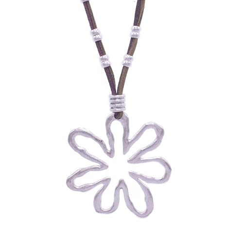 NILUXE DESIGN - Anhänger Frau Große Blume Goldfarben im Boho-Stil – Lange Halskette mit Blume und verstellbarer Velourslederkette – Perlen aus versilbertem oder vergoldetem Zamak (Silberfarben)