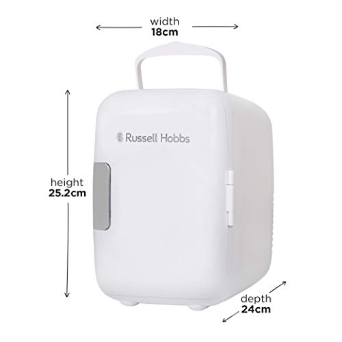 Russell Hobbs RH4CLR1001 4L/6 Can Portable Mini Cooler & Warmer for Drinks, Cosmetics/Makeup/Skincare, AC/DC Power, Retro Style, White, For Bedroom, Home, Caravan, Car