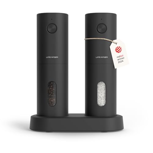 LARS NYSØM Salz und Pfeffer Mühle Elektrisch 2er Set mit einstellbarem Keramik-Mahlwerk von grob bis fein I Design Gewürzmühlenset Automatisch (2 Stück) (Carbon Black)