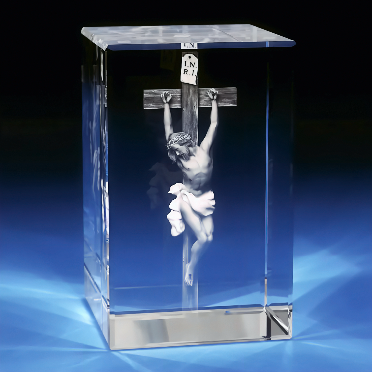 3D Christian Cross Engraving Crystal - Rectangle - Large - Image 1