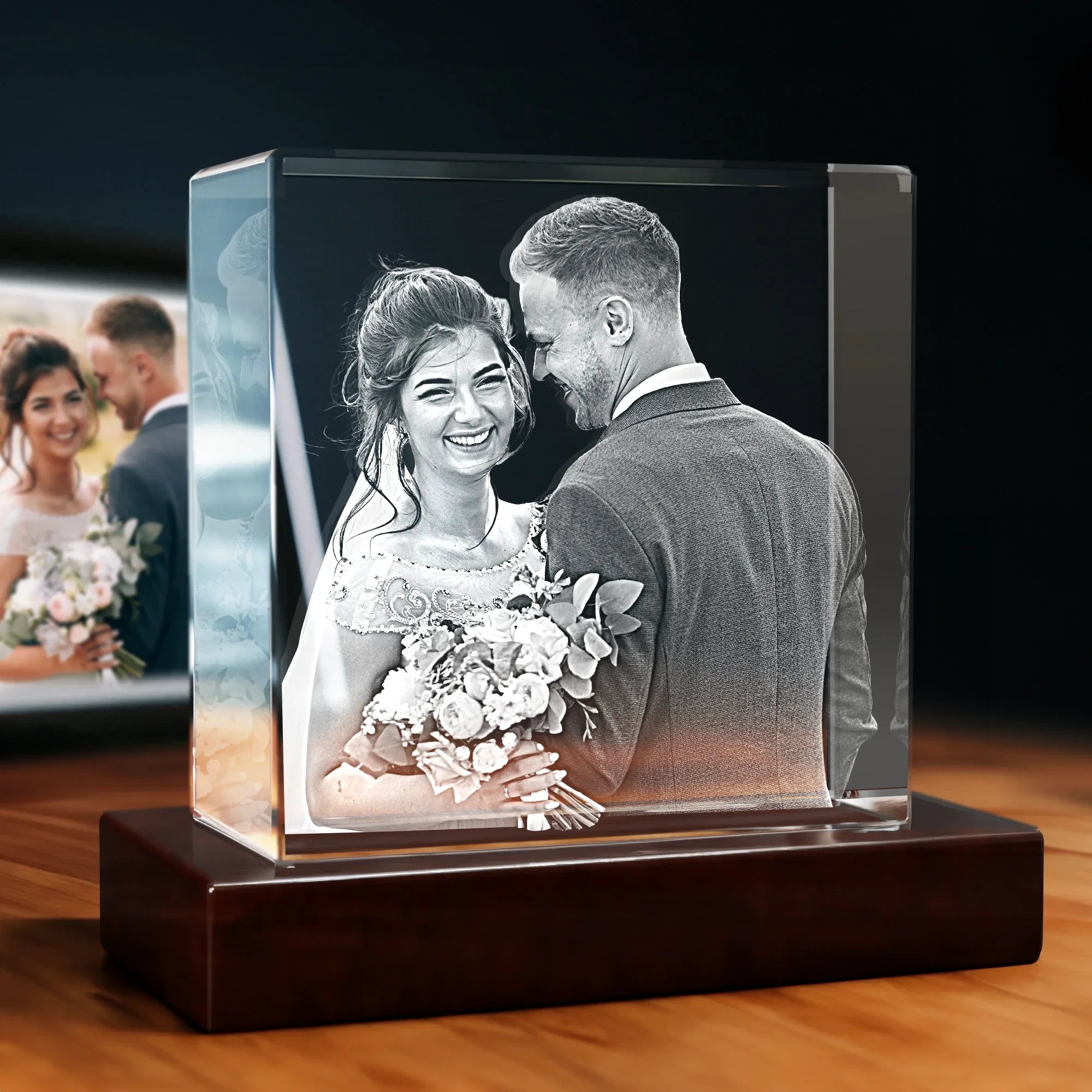 3D Wedding Engraving Crystal Gift - Square - 4K HD / Mini
