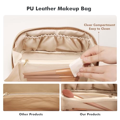 Prite Große Kapazität Kosmetiktasche Tragbare Reise Make Up Tasche wasserdichte PU-Leder Schminktasche oder Kulturbeutel mit Transparente Trenner und Griff(Beige L)