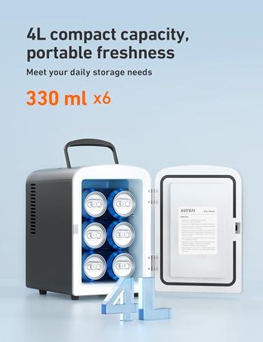 AstroAI Mini Fridge 4 Litre, 6 Can Portable AC+DC Power Cooler, for Bedrooms, Cars, Offices; Skincare, Makeup, Cosmetics, Food (Black)