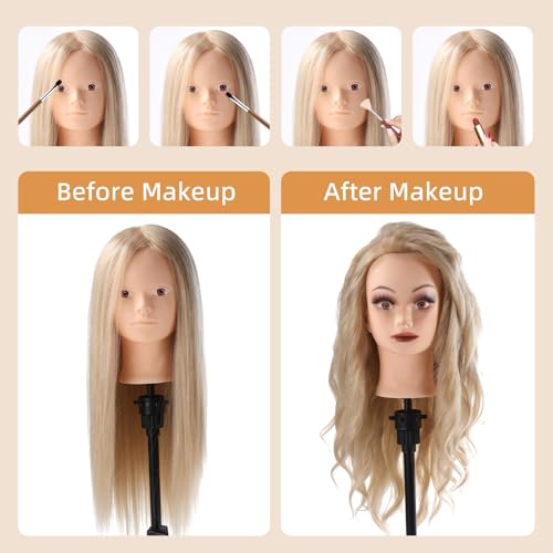 Frisierkopf 70% Echthaar Übungskopf 24 Zoll Frisierkopf Friseure Trainingsköpfe für Friseure zum Frisieren und Schminken Ausbildung Kopf Mit Halter + DIY Haare Set