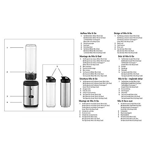 WMF Kult X Mix & Go Mini Smoothie Maker, Standmixer, Blender elektrisch, Shake Mixer 300 Watt Leistung, Tritan-Kunststoff Flasche 600ml, auslaufsicherer Schraubdeckel, rutschfeste Füße, Silber/Schwarz