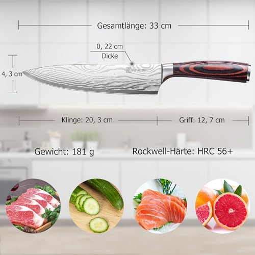 PAUDIN Kochmesser, Klingenlänge 20 cm Profi Küchenmesser Messer Chefmesser Allzweckmesser aus hochwertigem Carbon Edelstahl, Extra Scharfe Messerklinge mit ergonomischem Griff