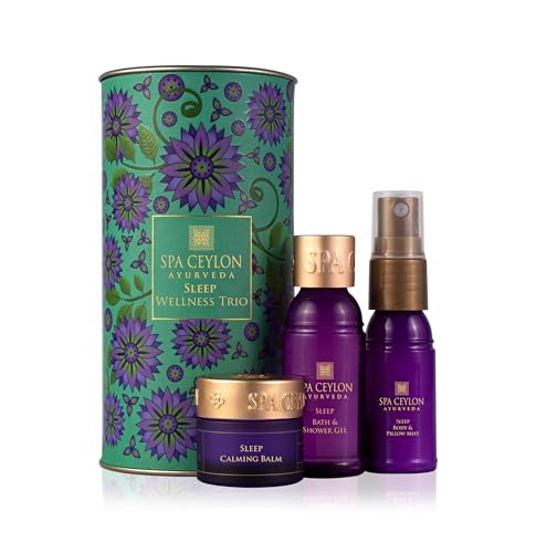 SPA CEYLON Sleep Wellness Trio Set | Restful Spa Essentials | Natural Ingredients | Ayurvedic | Lavender | Essential Oil | Shower gel, Body Mist, Balm | Gift set