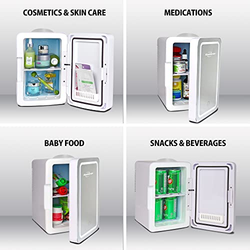 Koolatron 6L Cosmetic Mini Fridge for Bedrooms 12V Compact Portable Vanity Small Car Refrigertor for Makeup Skincare Beauty Fridges with Dimmable LED Light Mirror Ideal for Girls Kids Desk Home White