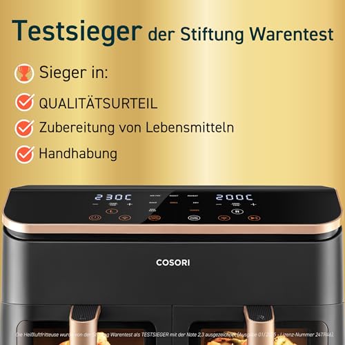 COSORI Heißluftfritteuse 2 Kammern, Airfryer Testsieger der Stiftung Warentest, 6-in-1 Dual Zone Air fryer 8,5 L, Heissluftfritteuse Doppelkammer mit Sichtfenster, energiesparend