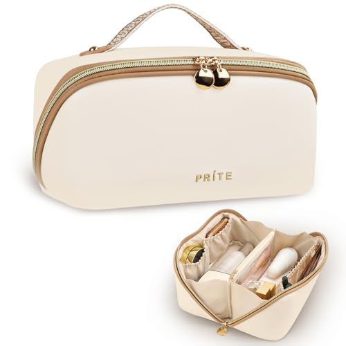 Prite Große Kapazität Kosmetiktasche Tragbare Reise Make Up Tasche wasserdichte PU-Leder Schminktasche oder Kulturbeutel mit Transparente Trenner und Griff(Beige L)