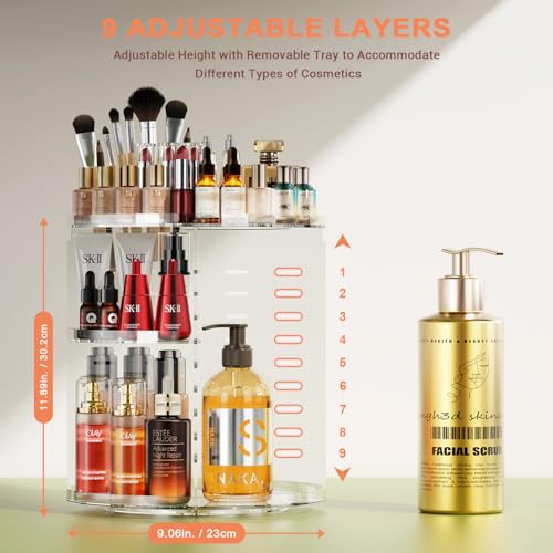 Auxmir Make Up Organizer mit 9 Einstellbaren Stufen, 360° Drehbar Schminktisch Kosmetik Organizer, Extra Größer Verbessert Schmink Organizer Skincare für Dresser Schlafzimmer Badezimmer, Transparent