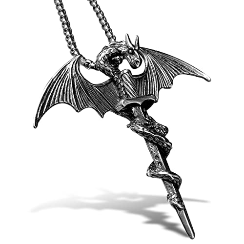 bahamut Mens Viking Jewellery Dragon Sword Pendant Necklace for Men Stainless Steel Gothic Vintage Jewelry with Chain
