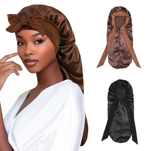 Satin Haarhaube Extra Lange Seiden Schlafhauben für Damen Verstellbar Satin Schlafmütze mit Elastisches Band Seiden Haarhaube zum Schlafen Haarhaube für Langes Lockiges Haar Zopf (Schwarz,Braun, 2Pcs)