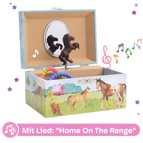 Jewelkeeper Schmuckschatulle Mädchen im Scheunendesign mit drehendem Pferd - Musikalisches Schmuckkästchen für Kinder mit Melodie Home on the Range - Schmuckaufbewahrung für Kinderschmuck