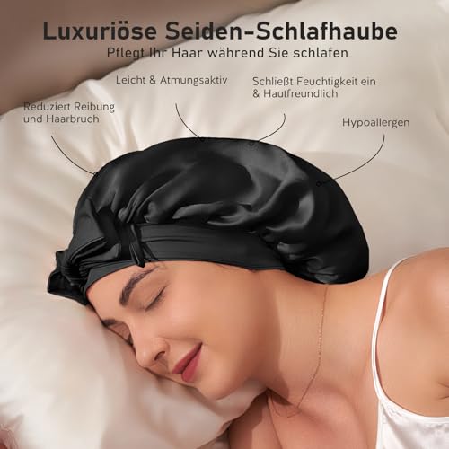 LitBear Schlafhaube aus 100% Maulbeerseide für Damen, 6A 22 Momme, große doppellagige Haube aus echter Seide mit Bindeband, rutschfester Seidenturban, inklusive Seiden-Haargummi