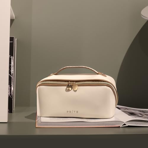 Prite Große Kapazität Kosmetiktasche Tragbare Reise Make Up Tasche wasserdichte PU-Leder Schminktasche oder Kulturbeutel mit Transparente Trenner und Griff(Beige L)
