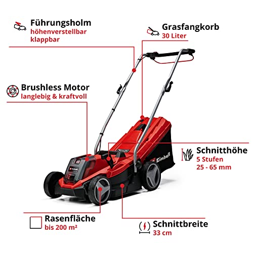 Einhell Akku-Rasenmäher GE-CM 18/33 Li Kit Power X-Change (18 V, 33 cm Schnittbreite, bis 200 m², Brushless, 30L Fangkorb, 25-65 mm Schnitthöhe, inkl. 4,0 Ah Akku + Ladegerät)