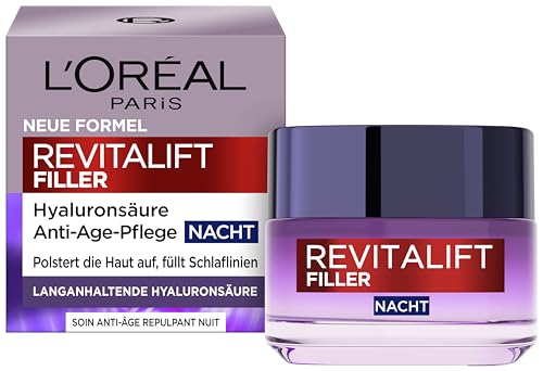 L'Oréal Paris Anti-Age Nachtpflege für Frauen: hydratisiert und polstert die Haut auf mit 2 Arten von Hyaluronsäure, Revitalift Filler, 1x 50ml
