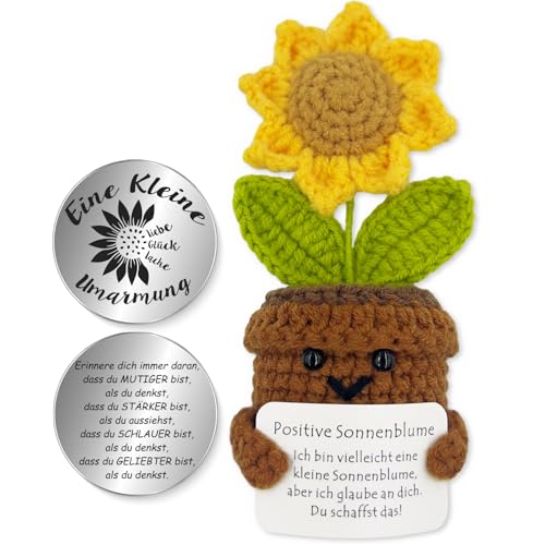 Tixlux Pocket Hug Positive Sonnenblume, Kreative Strickwolle Sonnenblume Puppe und Kleine Umarmung Glücksbringer, MutmacherGeschenk, Gute Besserung Geschenk, Geschenk zum Abschluss